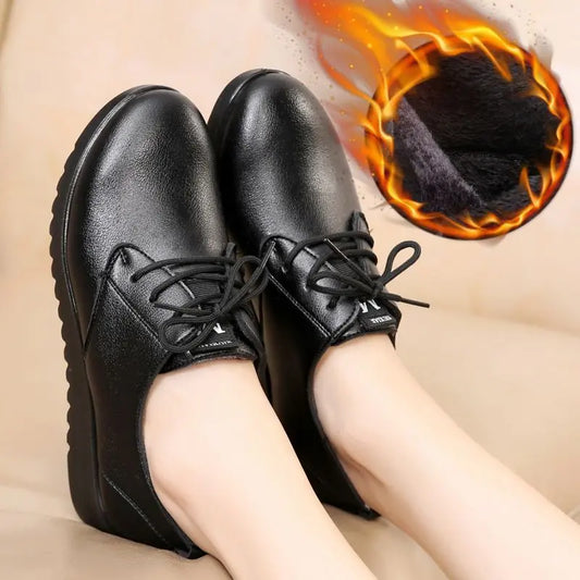 Women's Work Shoes, Flat Black Leather Shoes