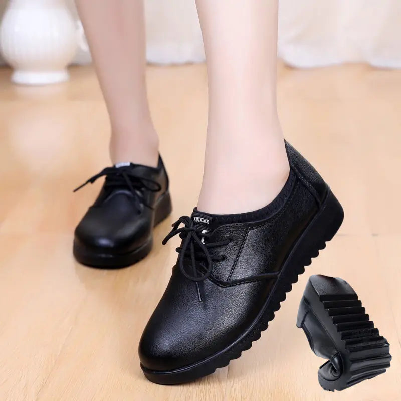 Women's Work Shoes, Flat Black Leather Shoes