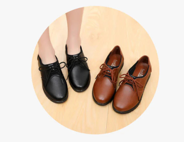 Women's Work Shoes, Flat Black Leather Shoes
