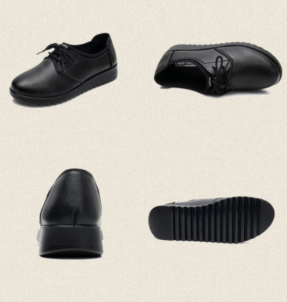 Women's Work Shoes, Flat Black Leather Shoes